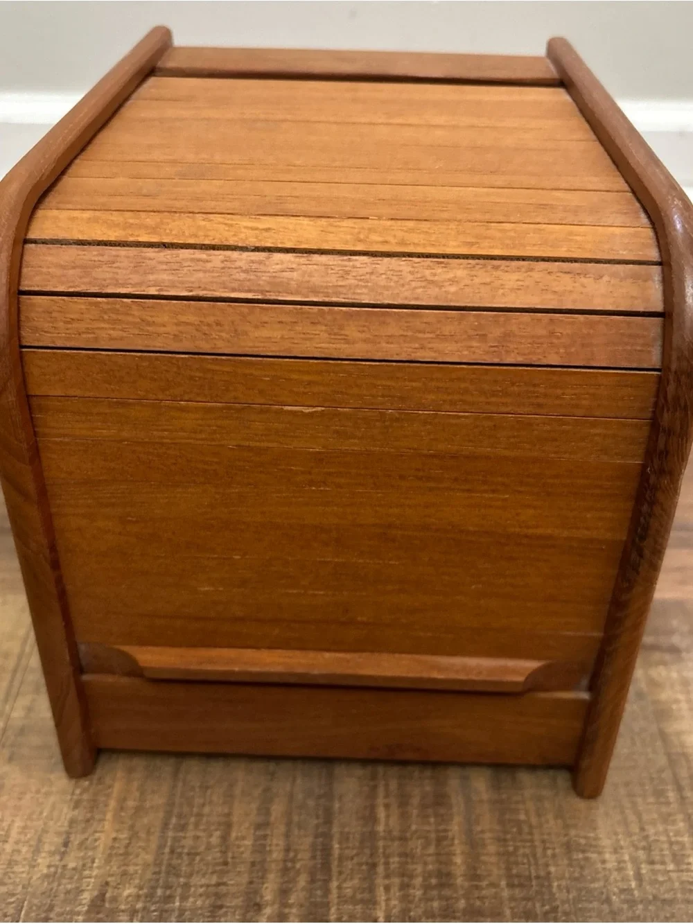 MCM Teak Tek Tambour Roll Top Storage Box Desk Top Divided Interior Mid Mod Vtg